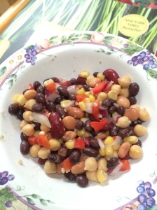 This is an image of some delicious bean salad. Beans are a great source of protein and they are very filling.